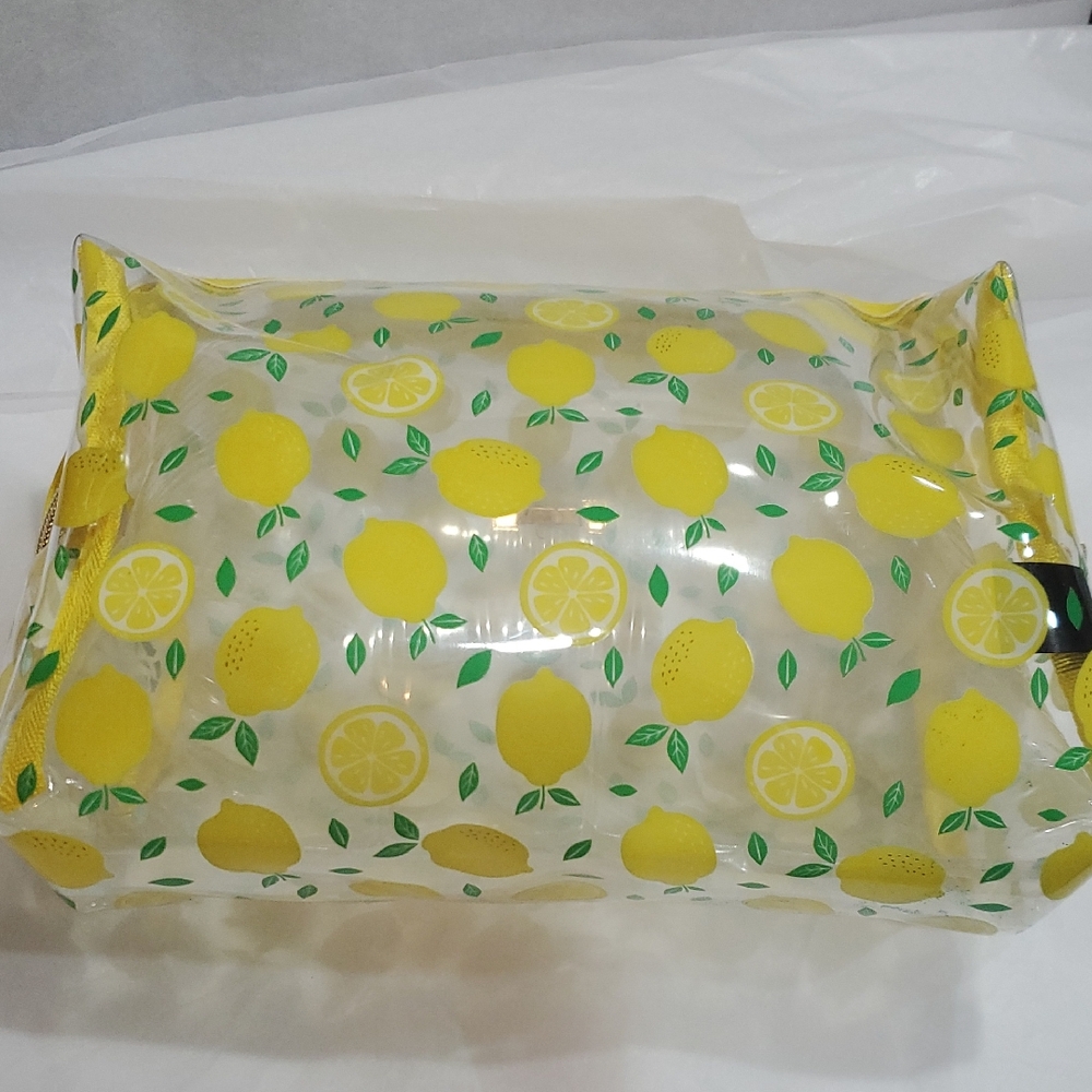 Clear vinyl Citrus lemon yellow print ‎ makeup beauty pouch case new